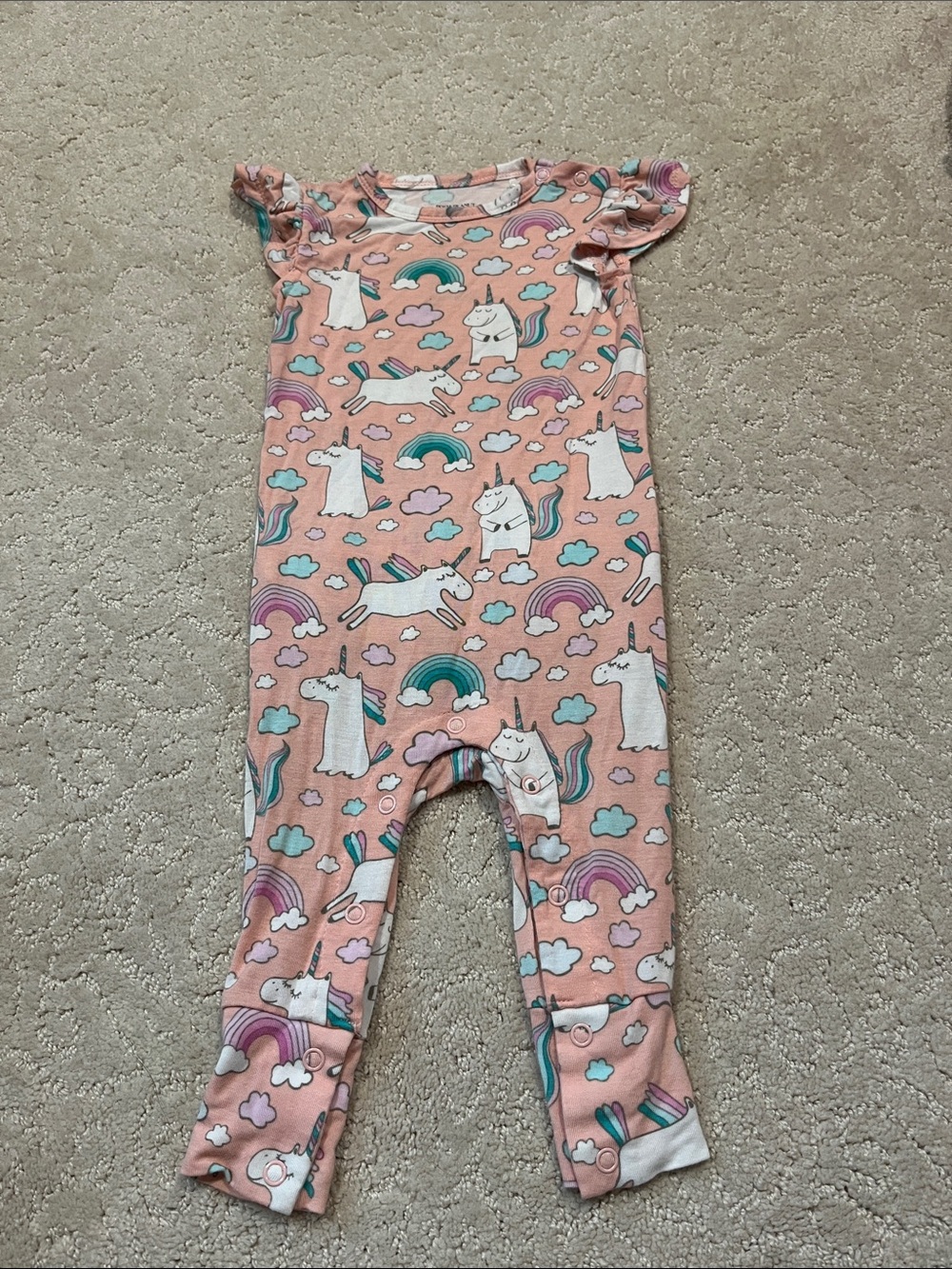 Posh Peanut Ruffled Jumpsuit Size 9-12 Month “Pink Olive Unicorn”